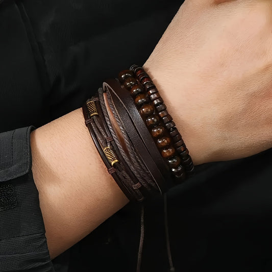 Lederarmband-Set mit Holzperlen – Mehrlagig verstellbar