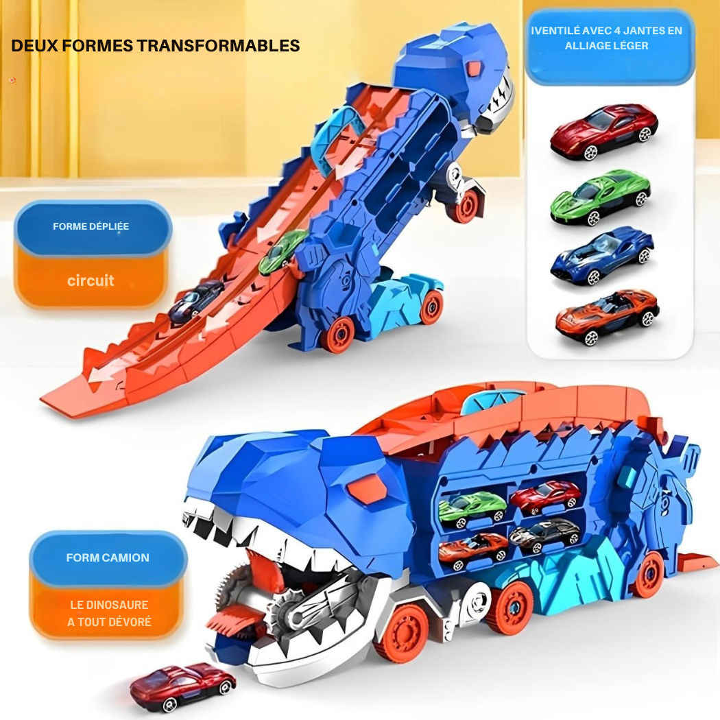 Camion Dinosaure 3-en-1 avec Circuit & 4 Voitures | Cervora