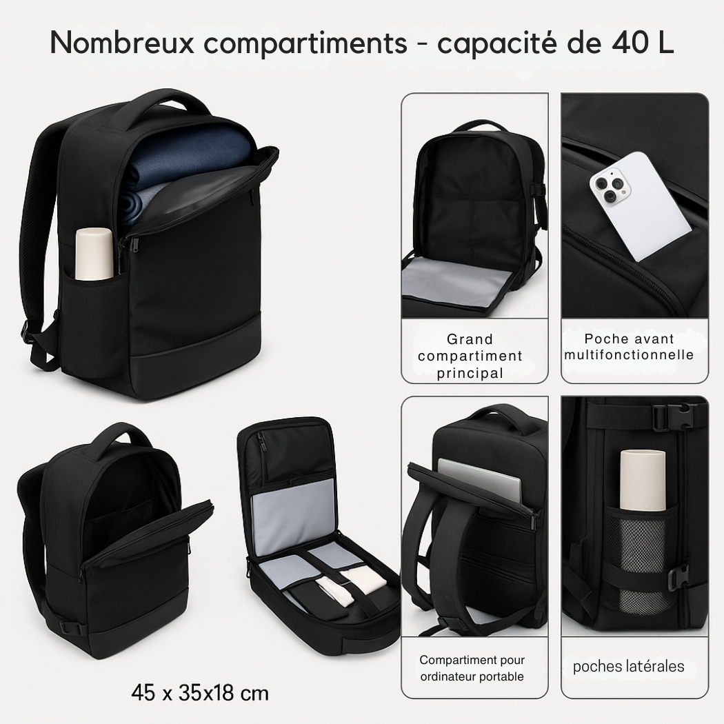 Sac à Dos de Voyage 40L avec Compartiment PC & USB | Cervora