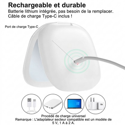 Mini Miroir LED Grossissant 1×/10× Rechargeable USB-C | Cervora