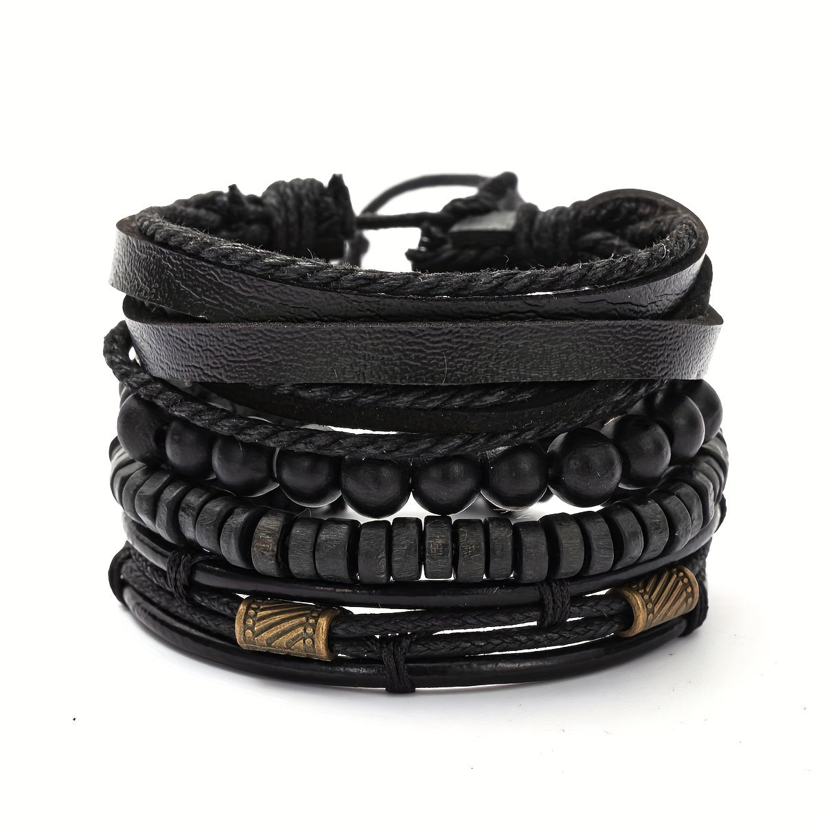 Lederarmband-Set mit Holzperlen – Mehrlagig verstellbar