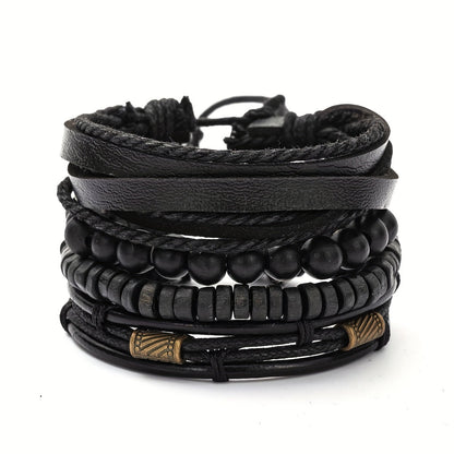 Lederarmband-Set mit Holzperlen – Mehrlagig verstellbar