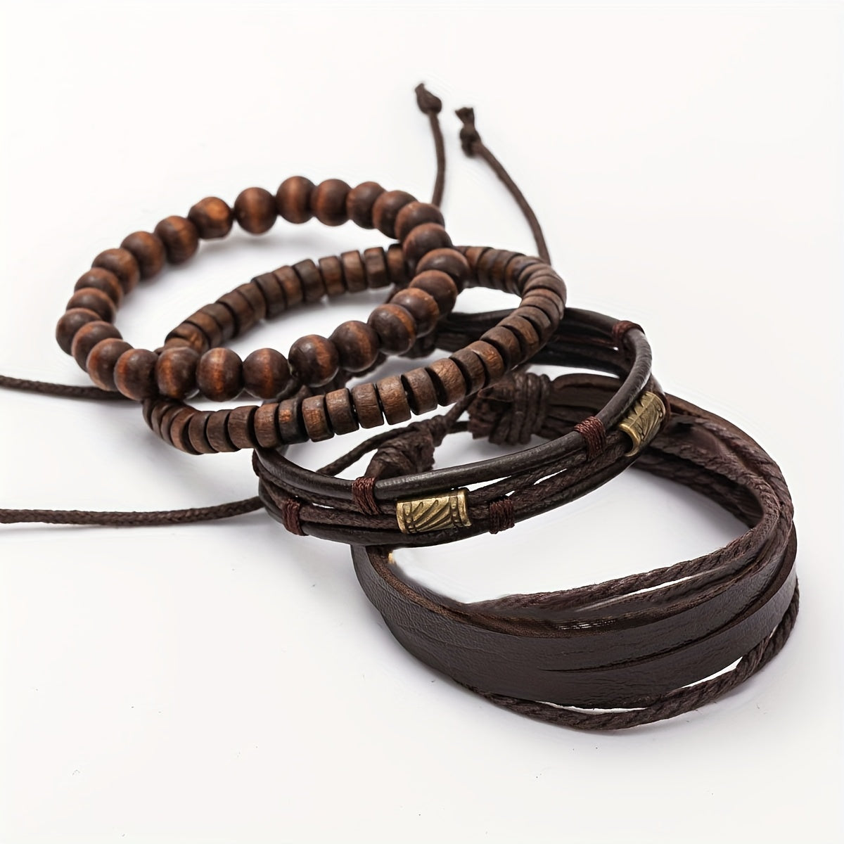 Lederarmband-Set mit Holzperlen – Mehrlagig verstellbar