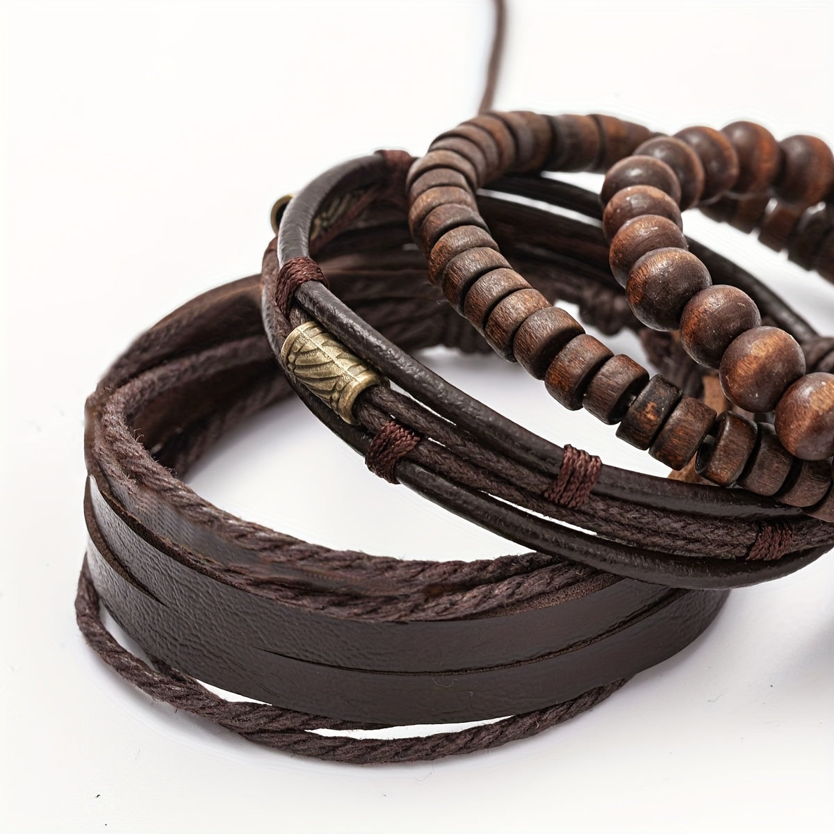 Lederarmband-Set mit Holzperlen – Mehrlagig verstellbar