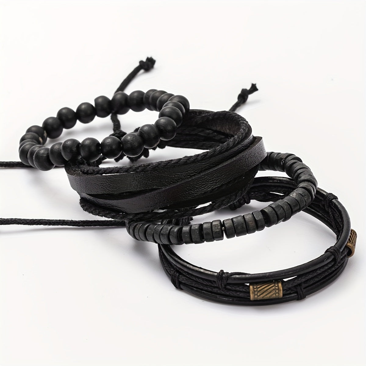 Lederarmband-Set mit Holzperlen – Mehrlagig verstellbar