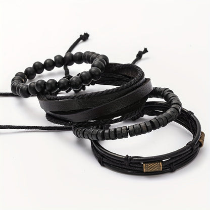 Lederarmband-Set mit Holzperlen – Mehrlagig verstellbar